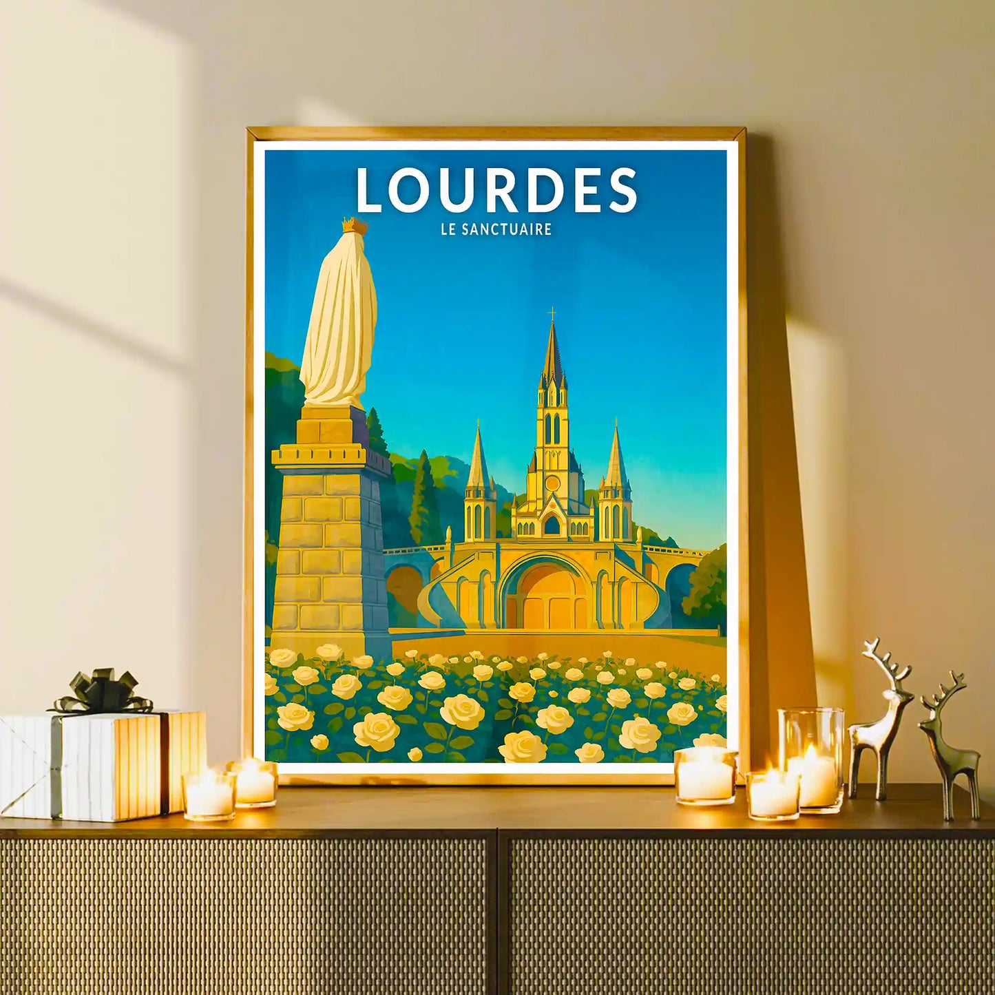 Affiche - Lourdes - Le Sanctuaire et la statue de Notre-Dame