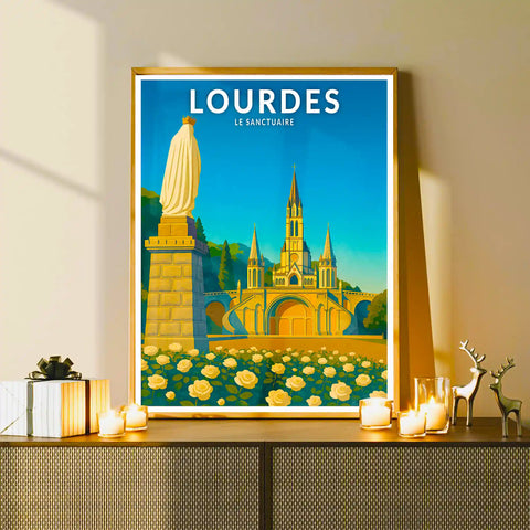 Affiche - Lourdes - Le Sanctuaire et la statue de Notre-Dame
