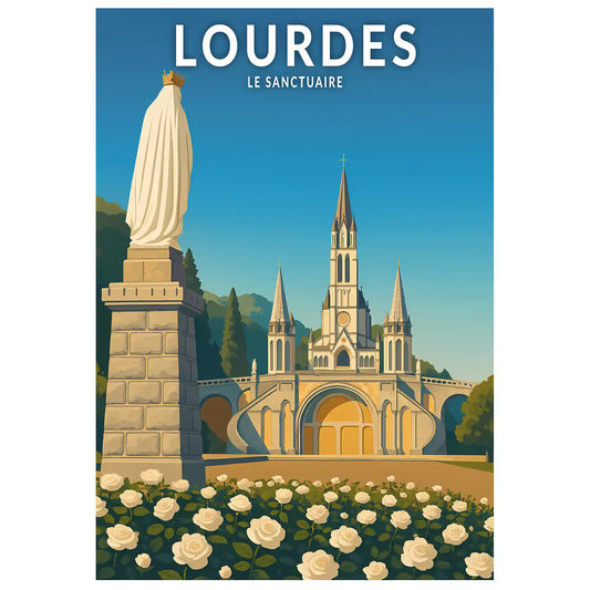 Affiche - Lourdes - Le Sanctuaire et la statue de Notre-Dame